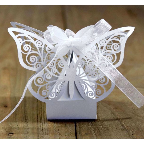 Cajas de papel con forma de mariposa recortadas con láser en color rosa para bombones y bodas, 50 unidades