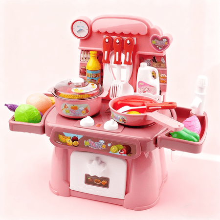 Mini Pretend Play Kitchen Set with Lights & Sounds Stove Sink Play Food & Accessories for Kids (Pink)