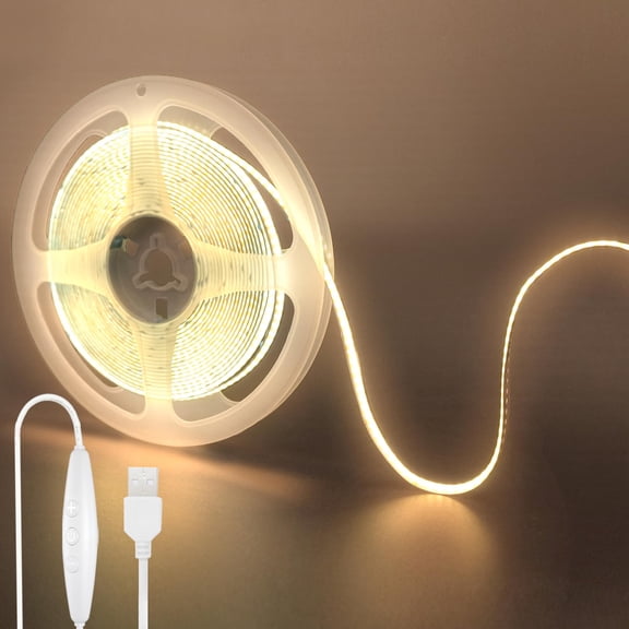 Clearhill 5V USB COB LED Strip Lights with Dimmable Switch,6.56FT/2M,Warm White 3000K,320LEDs/M,8mm Width,Not Waterproof IP20,1.5M USB Switch Cable,for DIY Home Indoor Decoration