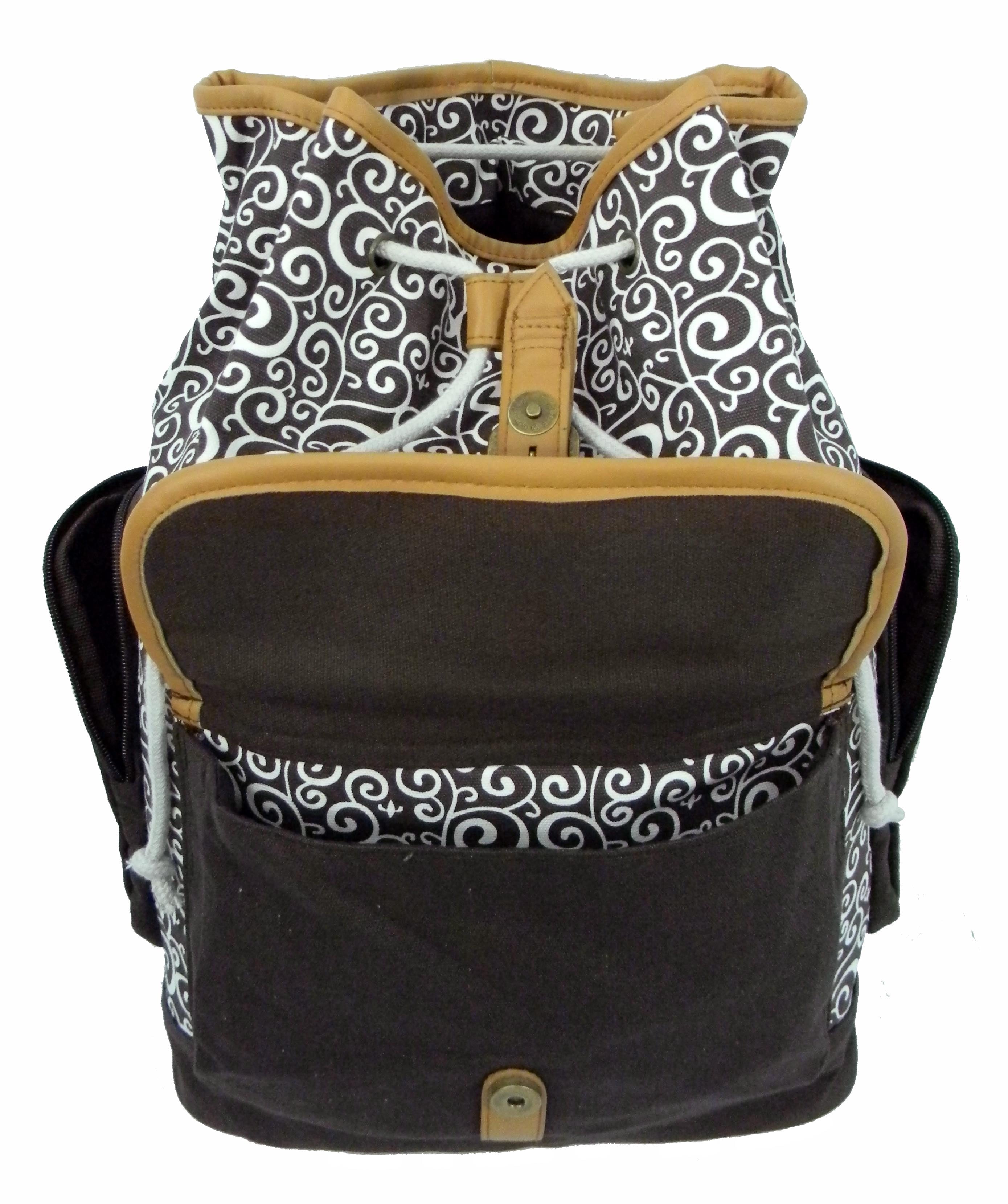 K-Cliffs Unisex Canvas Printed Laptop School Backpack in Black/Grey with Brown Trim,Teen-Adult