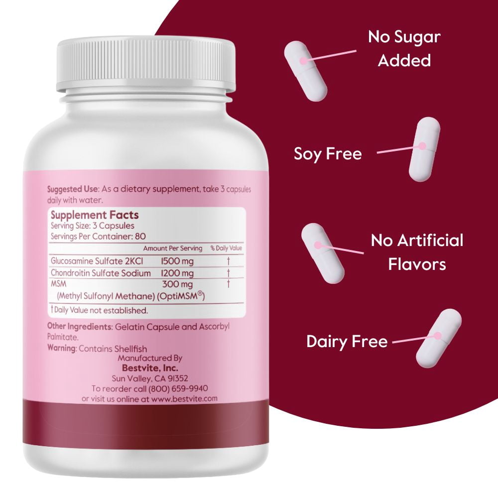 Bestvite Glucosamine – Chondroitin MSM 500/400/100 per Capsule (240 Capsules) with Patented OptiMSM - Maximum Strenght Formula for Joint Support - No Stearates - Gluten Free - Non GMO