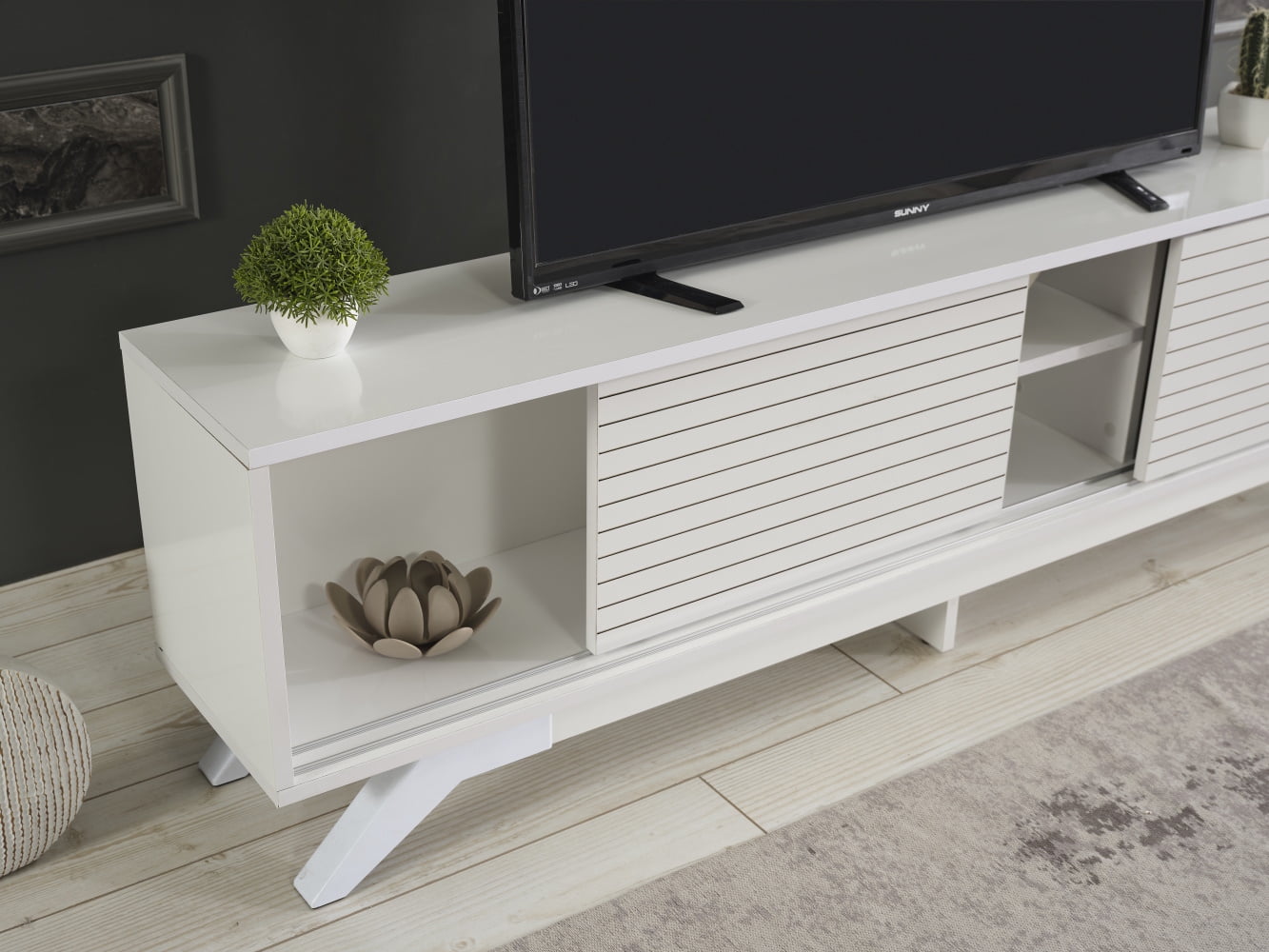 Buy Modern Design TV Stand with 2 Sliding Door and 2 Shelves