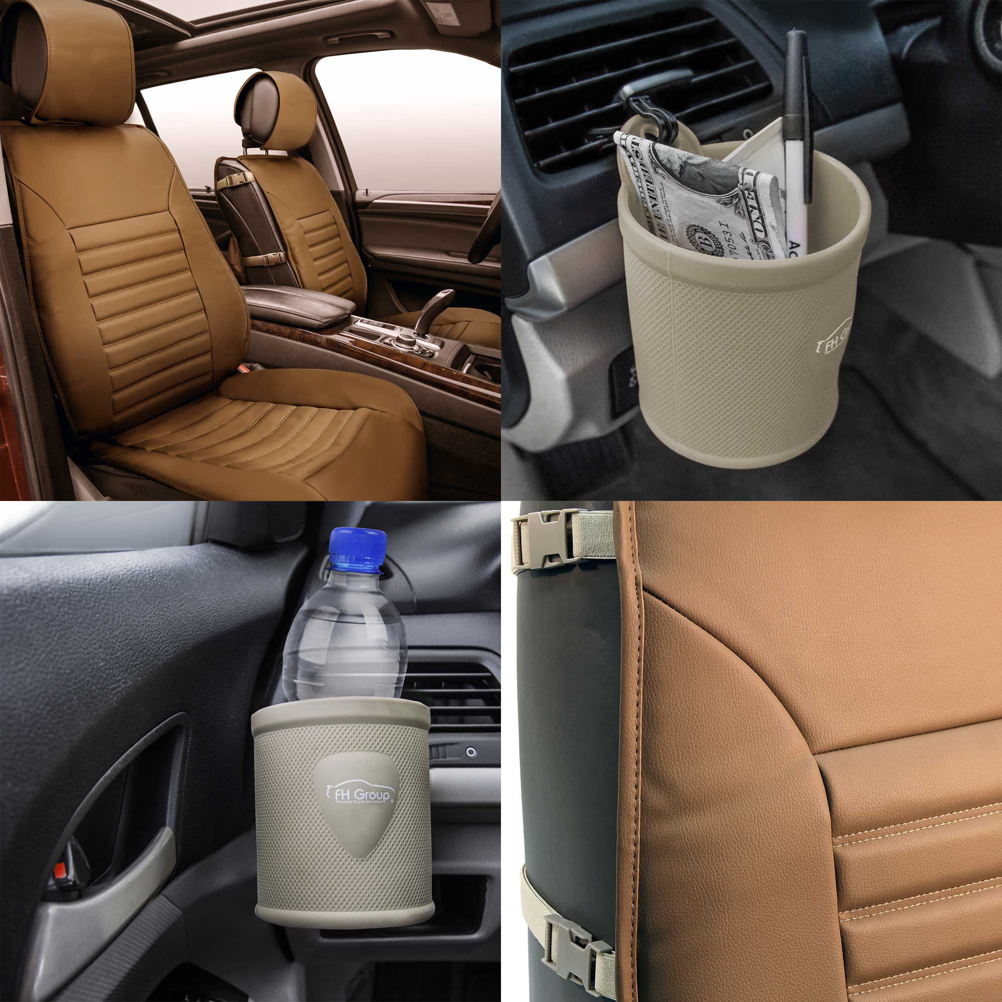 Leather Cushion Car Seat Pad Covers Front Buckets Beige W/ Travel Cup Holder