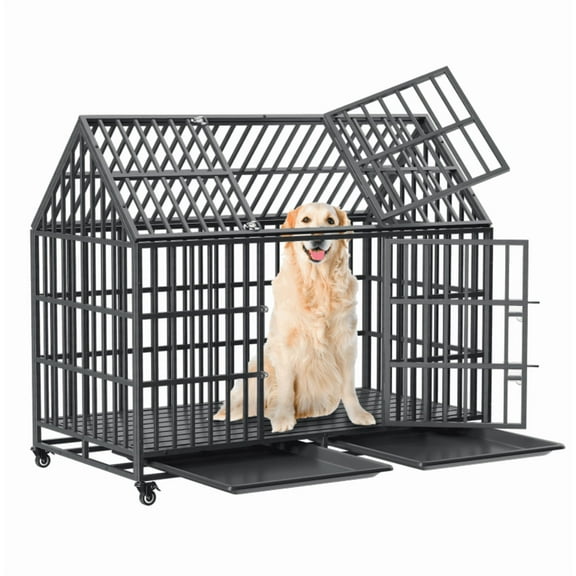 54 Inch Heavy Duty Dog Crate Extra Large Dog Cage Kennel, Indestructible XXL Dog Crate with Roof Top, Trays and Wheels, Escape Proof for High Anxiety Giant Dogs