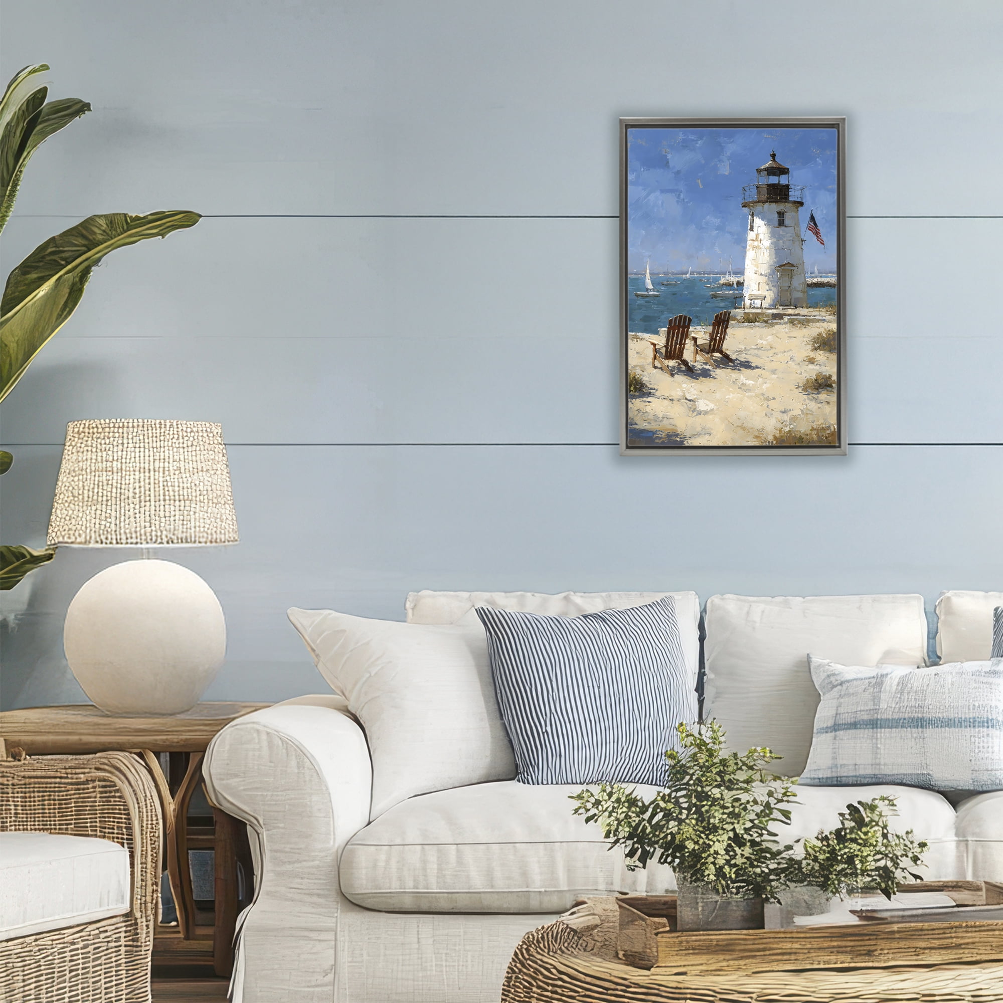 Stupell Industries Summer at Lighthouse Bay Gray Framed Floater Canvas Wall Art, design by Petal Prints Design