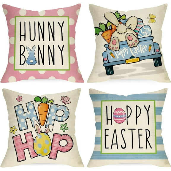 Happy Easter Decorative Throw Pillow Covers 18 x 18 Set of 4, Hunny Bunny Hip Hop Rabbit Carrot Eggs Cushion Case Decor, Pink Blue Truck Polka Dots Stripes Home Decoration for Sofa Couch