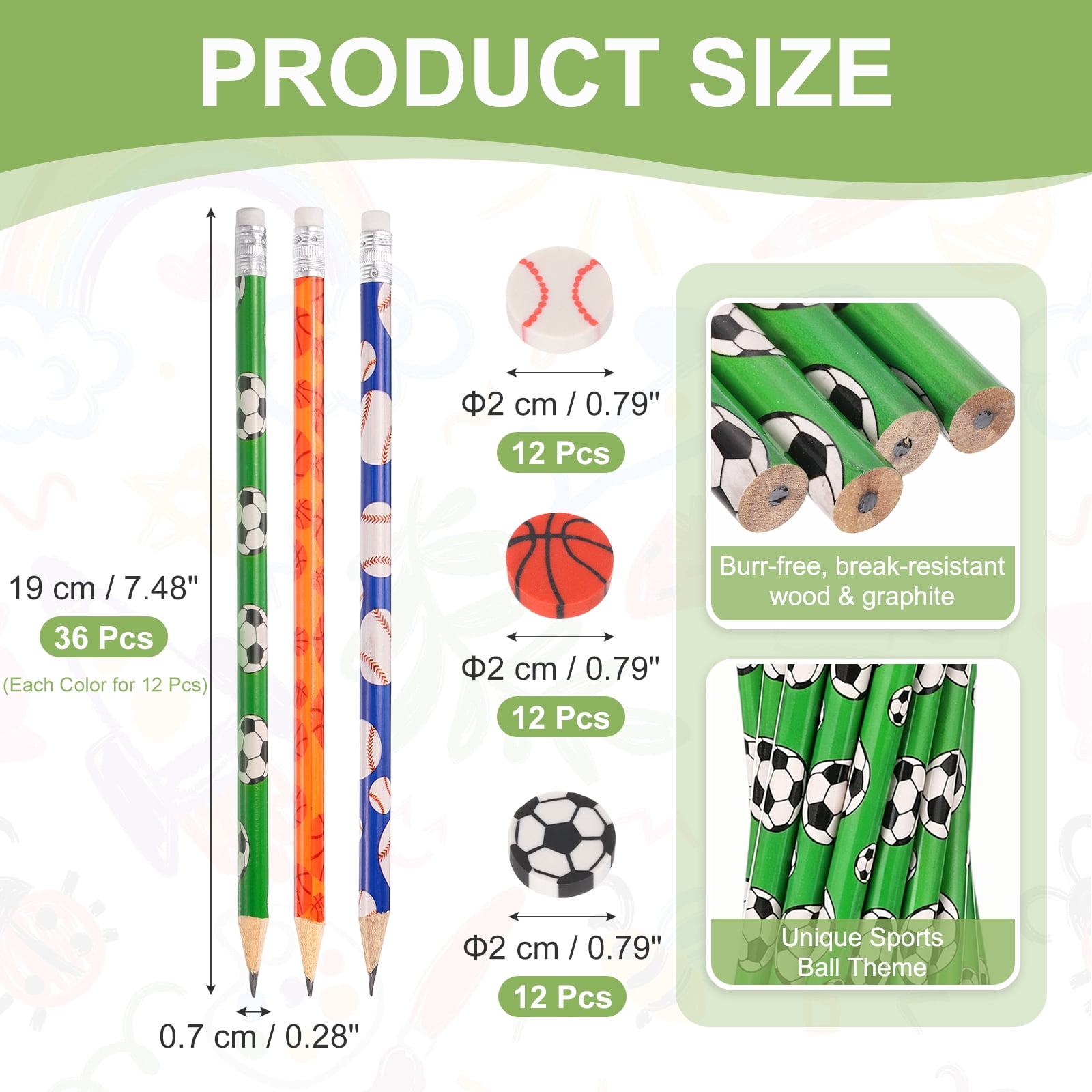 Uxcell Sports Pencils with Eraser, 36 Pcs Fun Cute Wooden Pencils 36 Pcs Sport Ball Erasers Football/Basketball/Baseball Theme for Party Favors Classroom Reward
