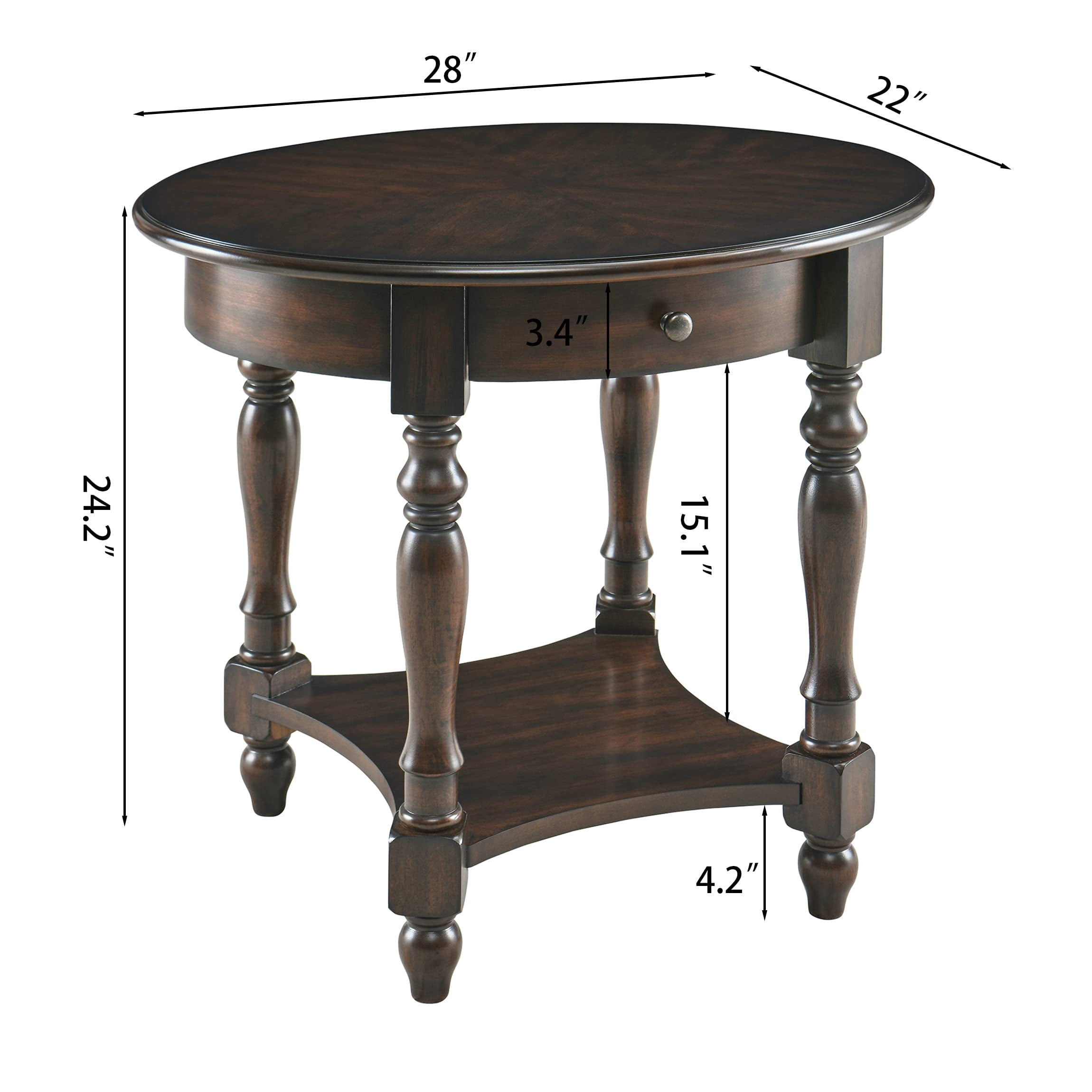 JESONVID Solid Wood Oval End Table with Drawer and Storage Shelf, 28" Traditional Retro Side Table Polished Edging Sofa Table Bedside Nightstand for Living Room Bedroom Home, Vintage Walnut