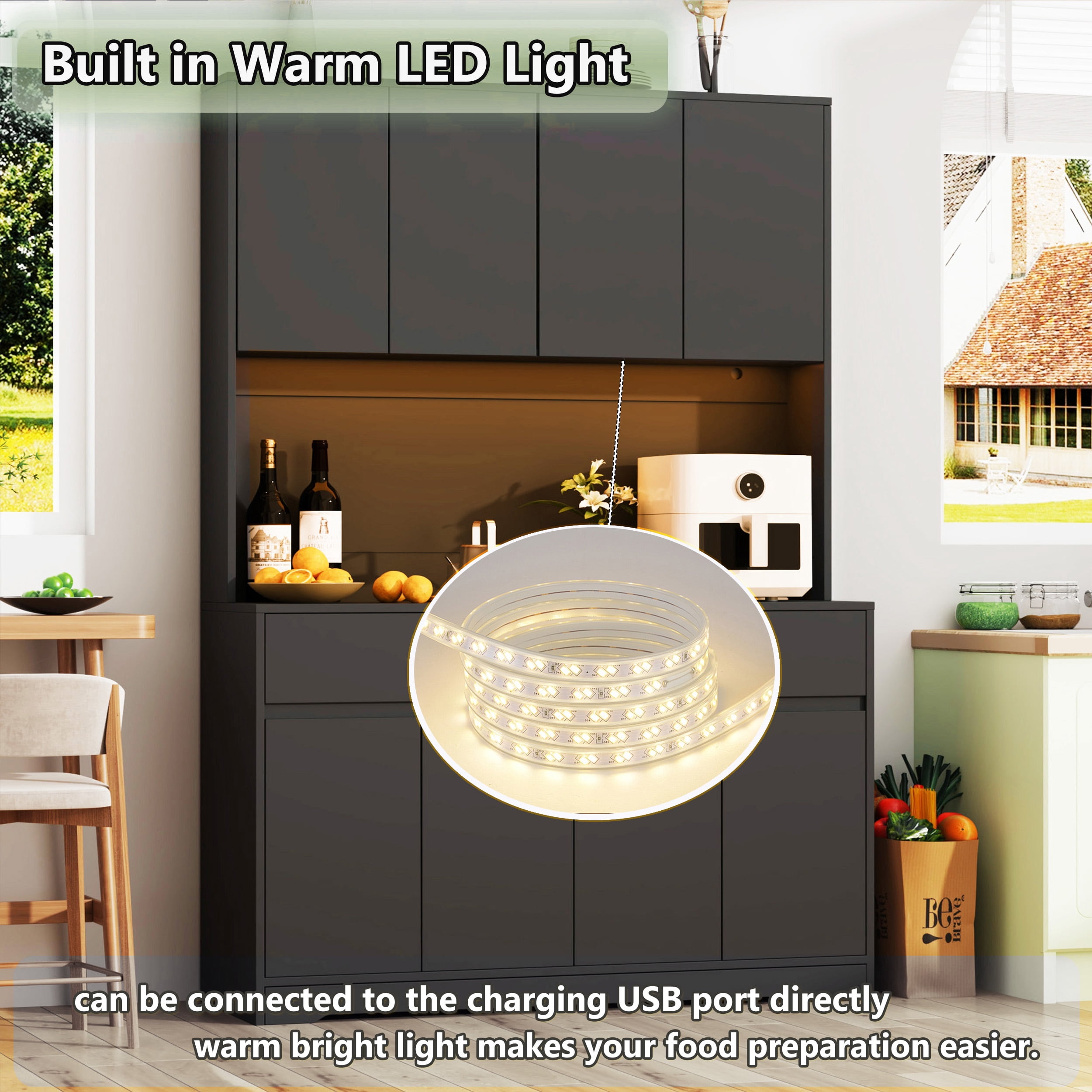 71" Tall Kitchen Pantry with LED Light & Charging Station, 8 Door Kitchen Cupboard with Large Storage and Microwave Stand, Freestanding Hutch Cabinet for Dining Living Room