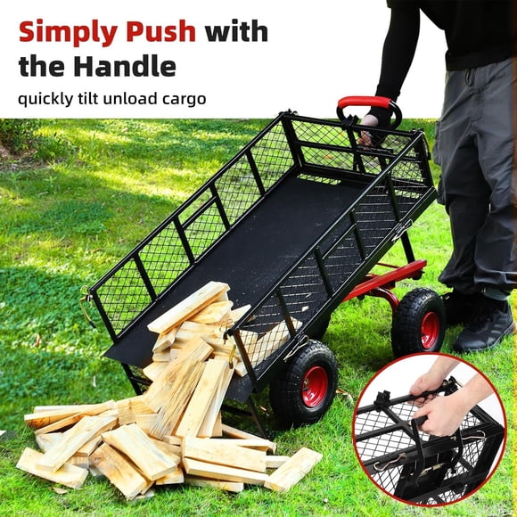 Historyli QinaQin - Carretilla de jardín de 880 libras con laterales extraíbles,asa giratoria de 180°,de metal con ruedas para patio,color negro