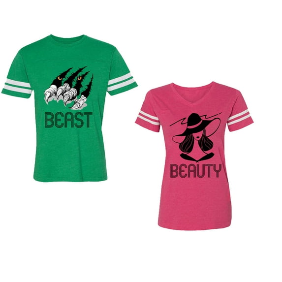 Beast Beauty Unisex Couple Matching Cotton Jersey style T-Shirt Contrasting stripes on sleeves (Men Green / Women Pink) (Men XL / Women L)