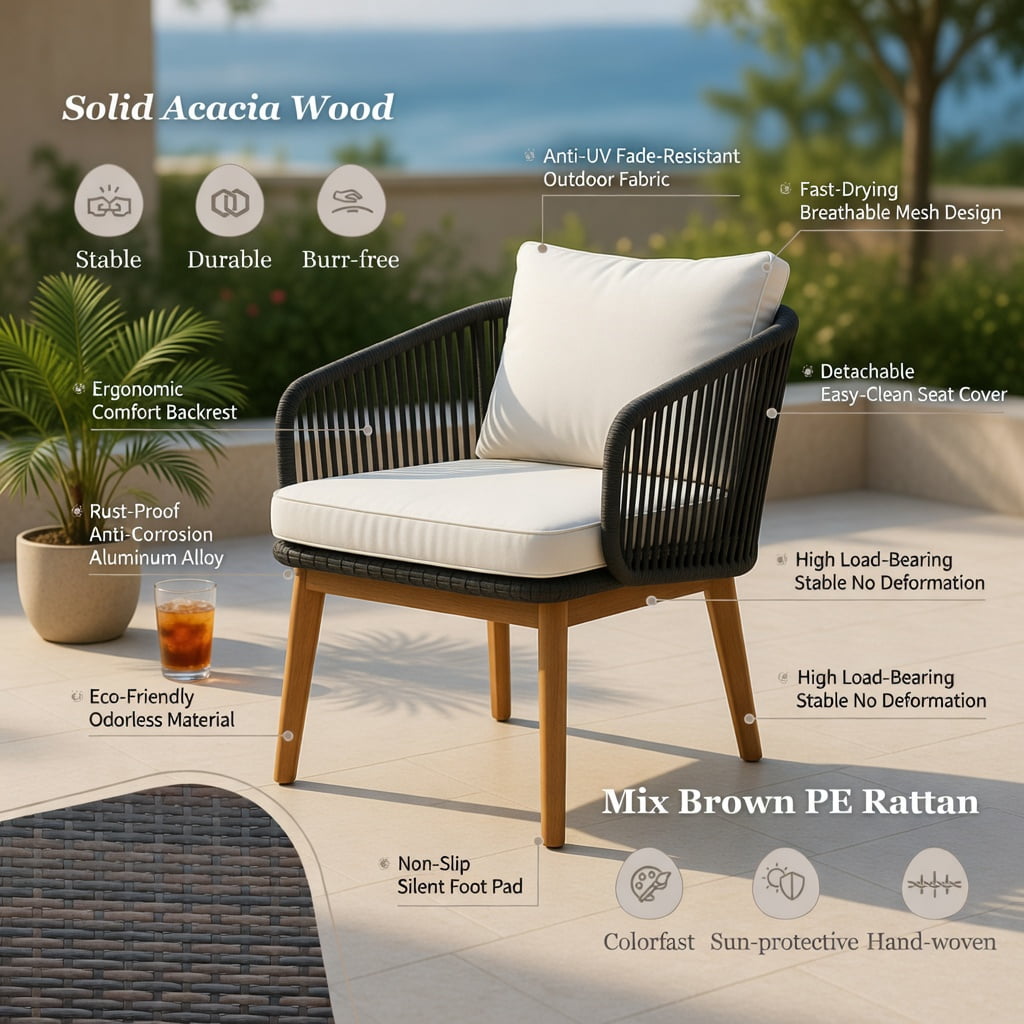 Hommoo 3-Piece Outdoor Patio Furniture Set, PE Rattan Chairs with Tempered Glass Side Table, Acacia Wood Frame, Weather-Resistant Cushions, Black
