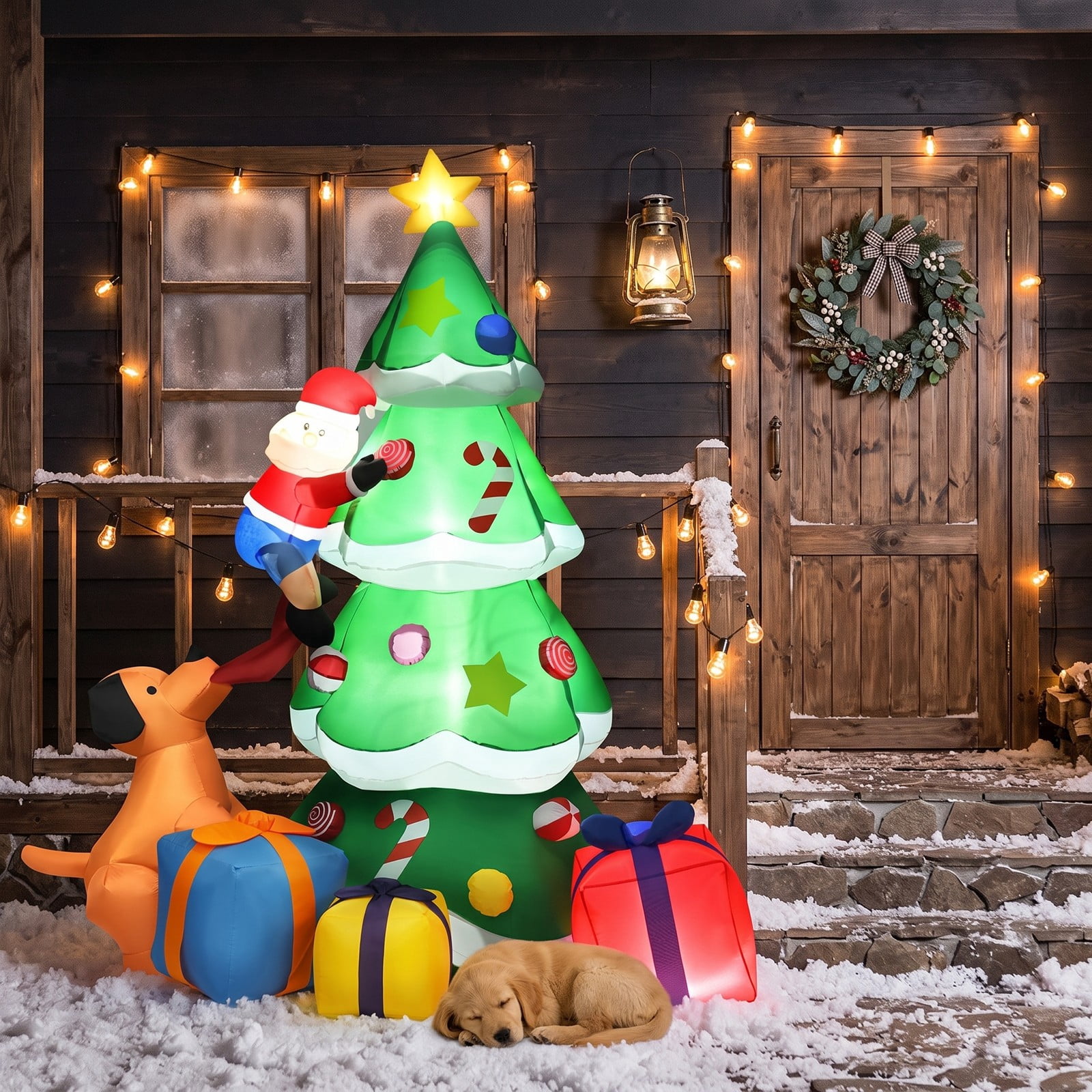 RUIE 7 FT Inflatable Christmas Tree with LED Lights, Blow Up Santa Claus Yard Decoration for Outdoor Xmas Holiday Lawn Garden Party Decor, Green