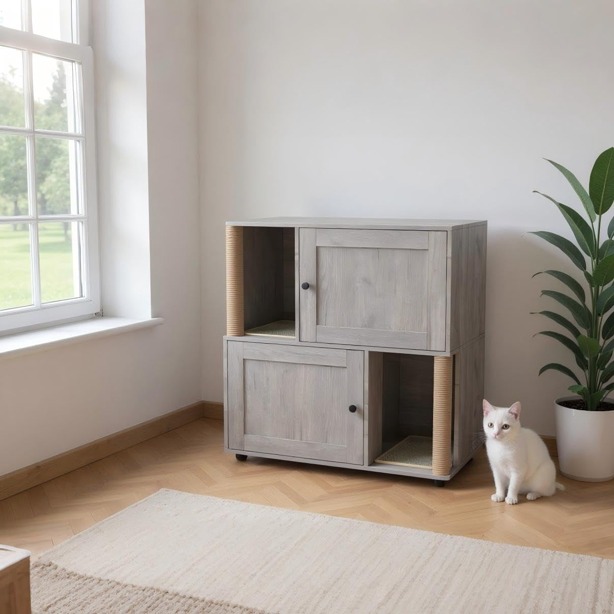 Shininglove Double Cat Litter Box Enclosure Furniture - Hidden 2-Litter Box Cabinet with Scratching Posts, Wooden End Table Design for Indoor Cats (Fits Most 22"x18" Boxes)