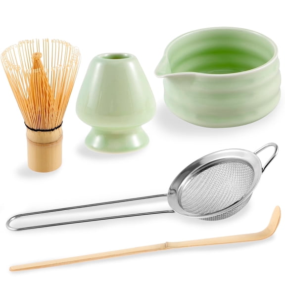 5Pcs Ceramic Matcha Bowl,Whisk Holder,Matcha Whisk Container with Pouring Spout,Matcha Bamboo Whisk Stainless Sifter Bamboo Scoop for Matcha Tea Culture