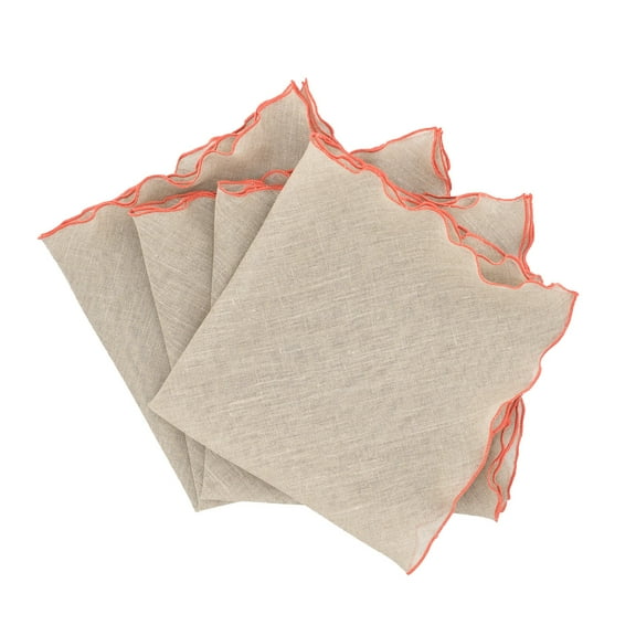 Linen Napkins With Orange Ruffled Edges, Set Of 4