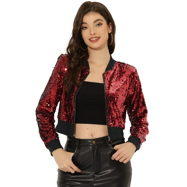 Chaqueta De Lentejuelas Tipo Aviador Con Cremallera En La Parte Delantera Con Purpurina Brillante Para Mujer Negro rojo S