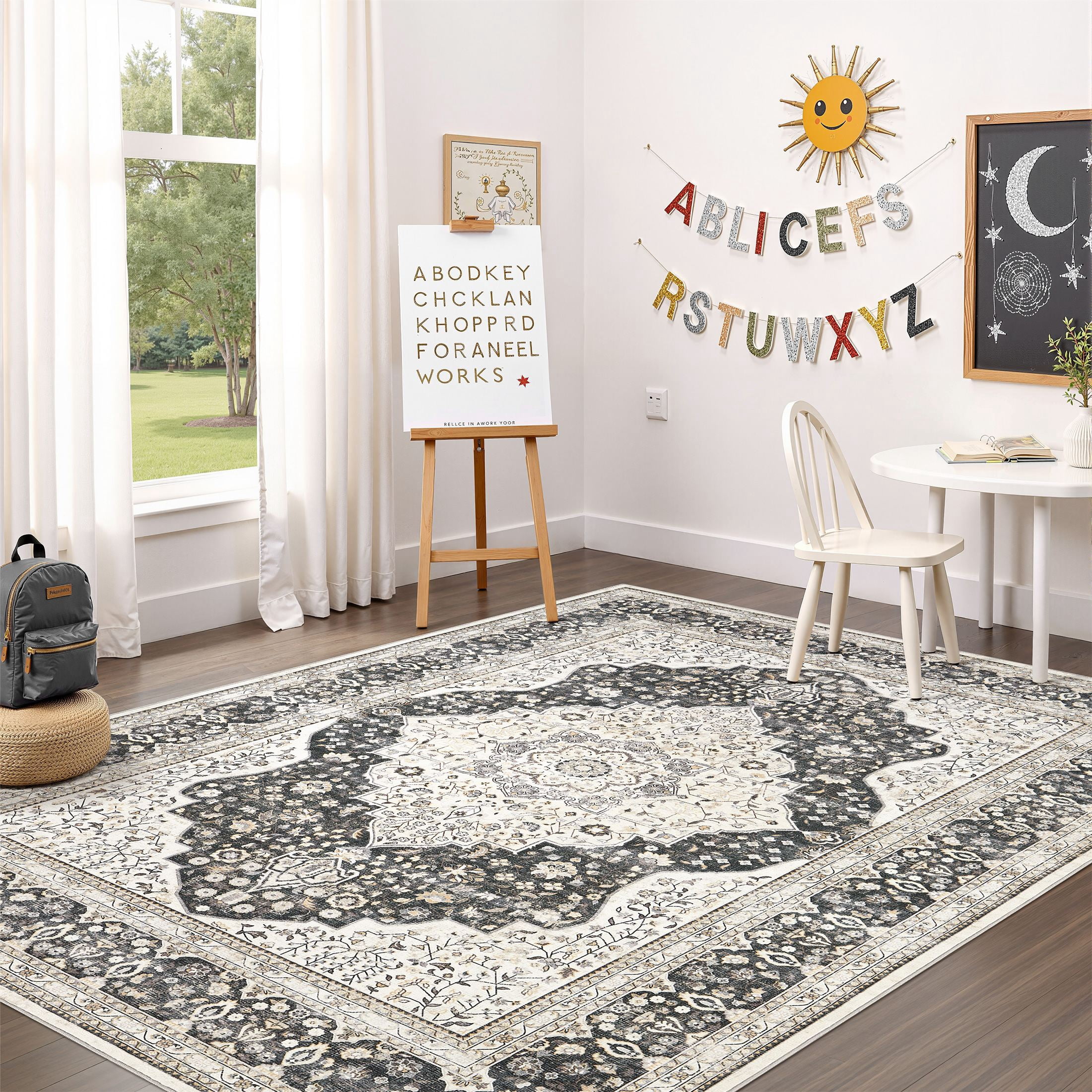 UERMEI 10'x14' Washable Area Rugs for Living Room, Vintage Floral Boho Printed Carpet, Non Slip Indoor Rug for Bedroom Home Decor Carpets - Black