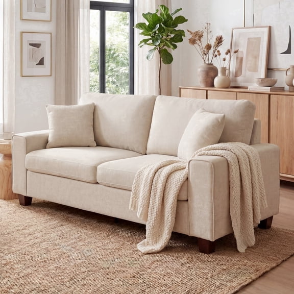 Poshby 88.58'' Sectional Sofa 3-Seater Chenille Modern Couch with Deep Seat for Living Room, Beige