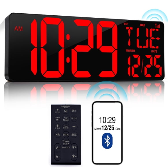 Reloj de pared digital CYMHCHL de 17.2 pulgadas con Bluetooth y sincronización automática de hora