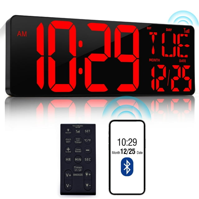 Reloj de pared digital CYMHCHL de 17.2 pulgadas con Bluetooth y sincronización automática de hora