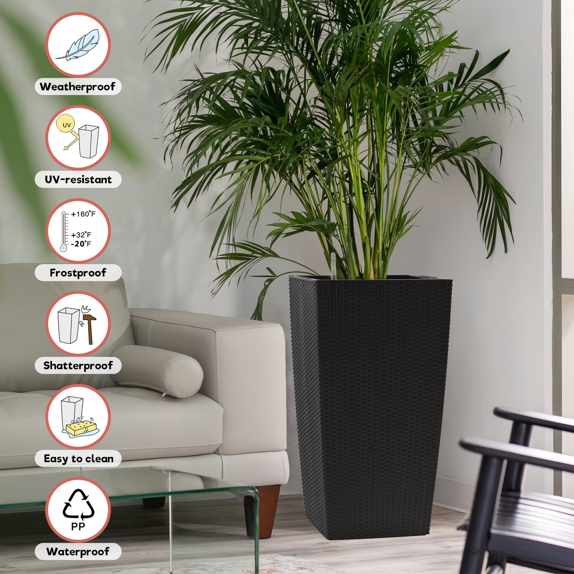30" Large Tall Planters for Indoor Outdoor,Modern Planter Pots with Self-Watering Drainage Holes&Inner Trays for Garden,Patio,Porch,Backyard,Set of 1,Black
