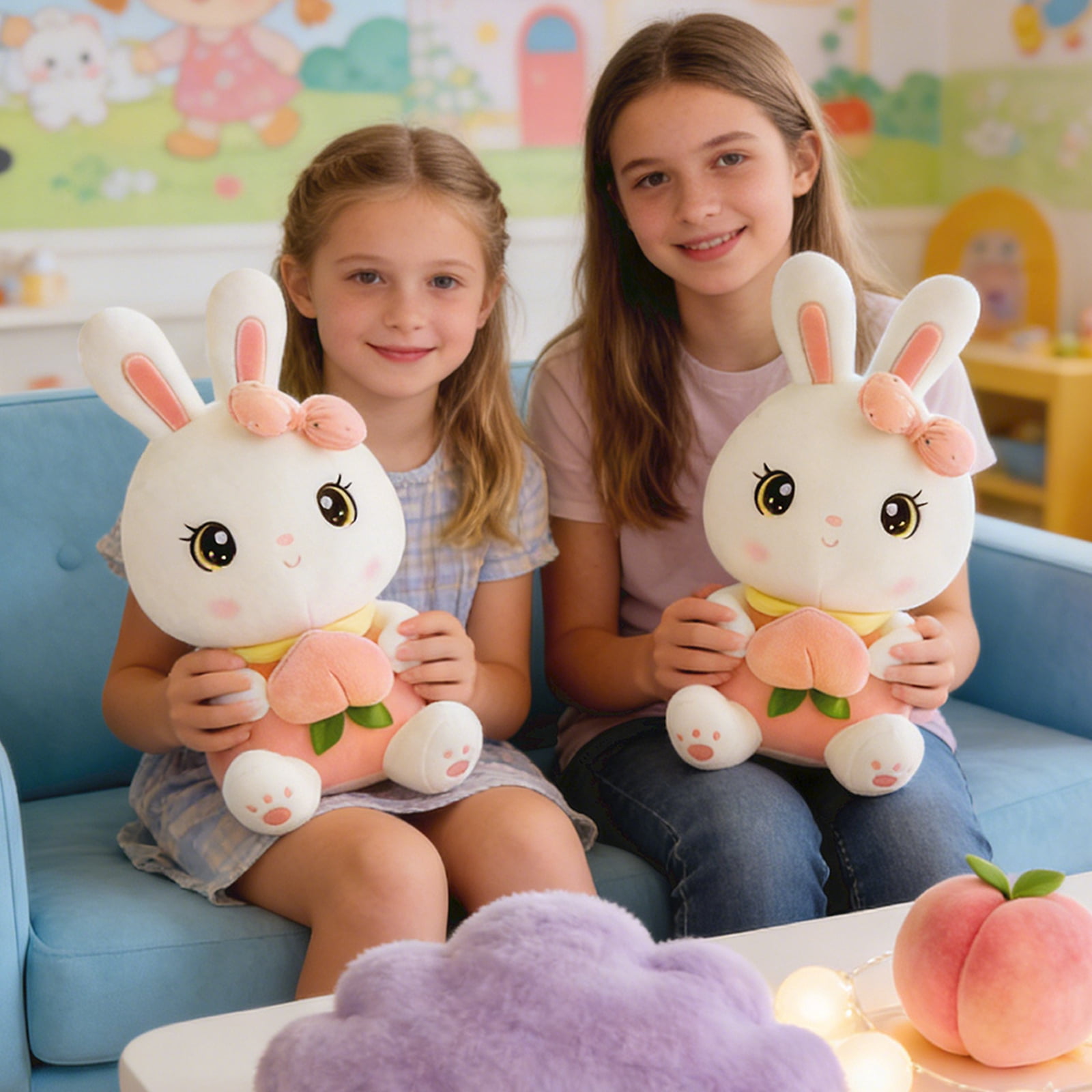 Cute Cartoon Bunny Plush Toy Holding Peach, Soft Rabbit Stuffed Animal Doll for Home Decor and Holiday Gifts, Adorable Animal Character Plushie 19.69-inch