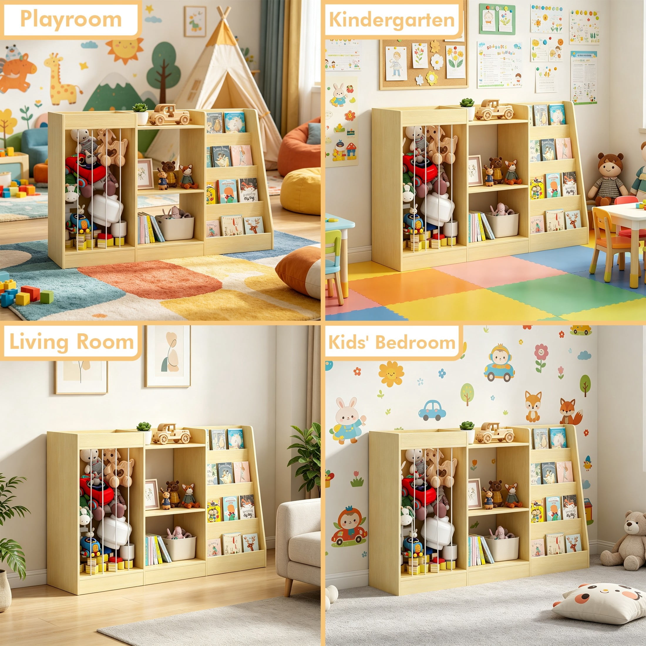 Noble House Aldo Kids 4-Tier Montessori Bookshelf & Toy Organizer, 3-in-1 Baby Storage Bookcase, Natural