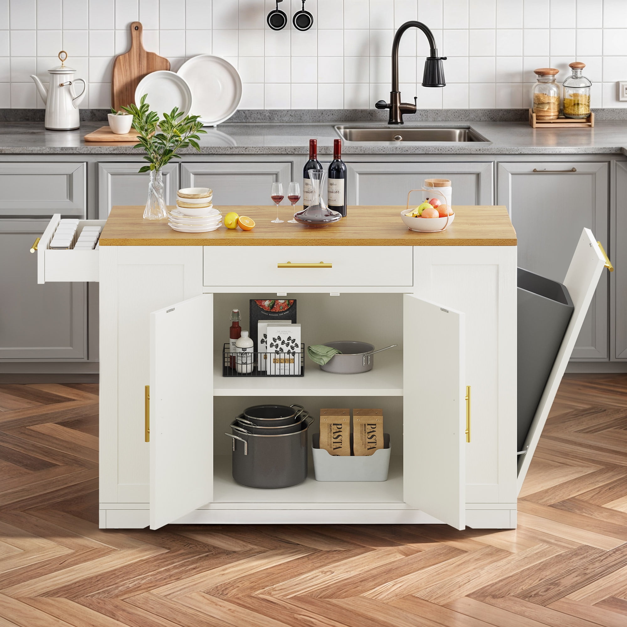 Uforic Rolling Kitchen Island with Wheels & Drawers, Kitchen Storage Cart with Storage Cabinet for 13-Gallon Trash Bin, White