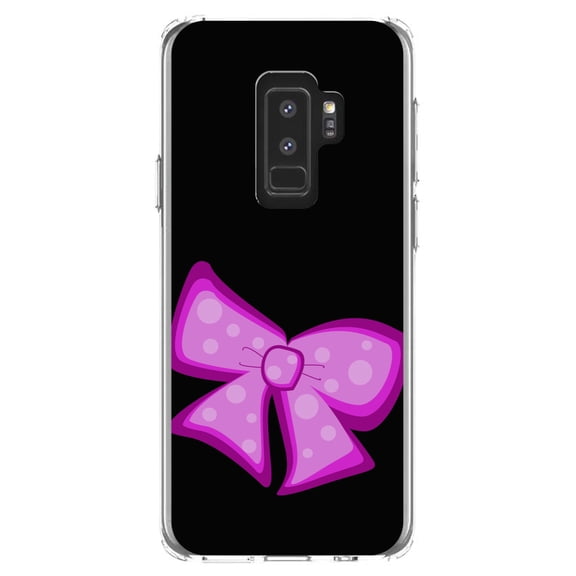DistinctInk Clear Shockproof Hybrid Case for Samsung Galaxy S9  PLUS (6.2" Screen) - TPU Bumper, Acrylic Back, Tempered Glass Screen Protector - Pink Black Bow Ribbon - Cartoon Bows / Ribbons