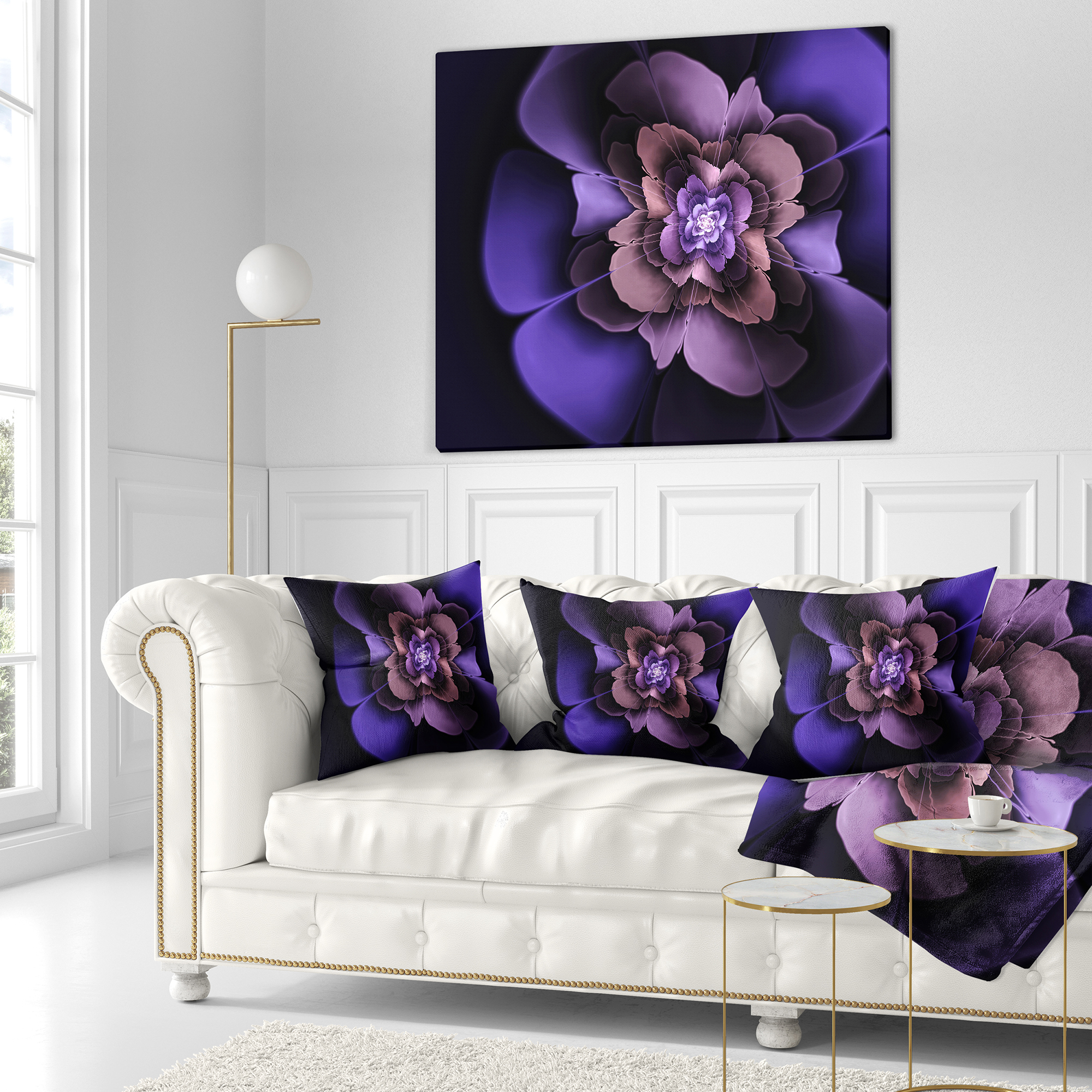 Designart Blue Fractal Flower in Dark - Floral Throw Pillow - 16x16
