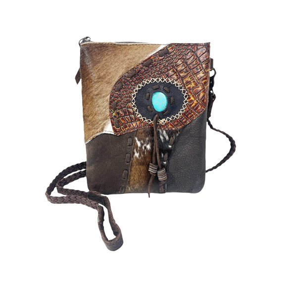 Urbalabs Western Crossbody Purse Cowhair Handbag Leather Teal Stone Tassel Tooled Tote Bag Hand Stitched Purses (Dark Brown)