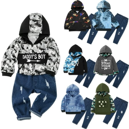 

Clearance 0-4T Toddler Baby Boy Daddy s Boy Outfits Camo Hoodie Packet Top + Ripped Denim Pants Set Spring Clothes