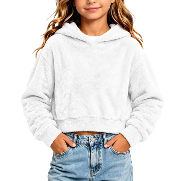 FRSASU Girl's Cropped Hoodie Long Sleeve Fuzzy Plush Pullover Casual Solid Color Short Hooded Sweatshirt Top White