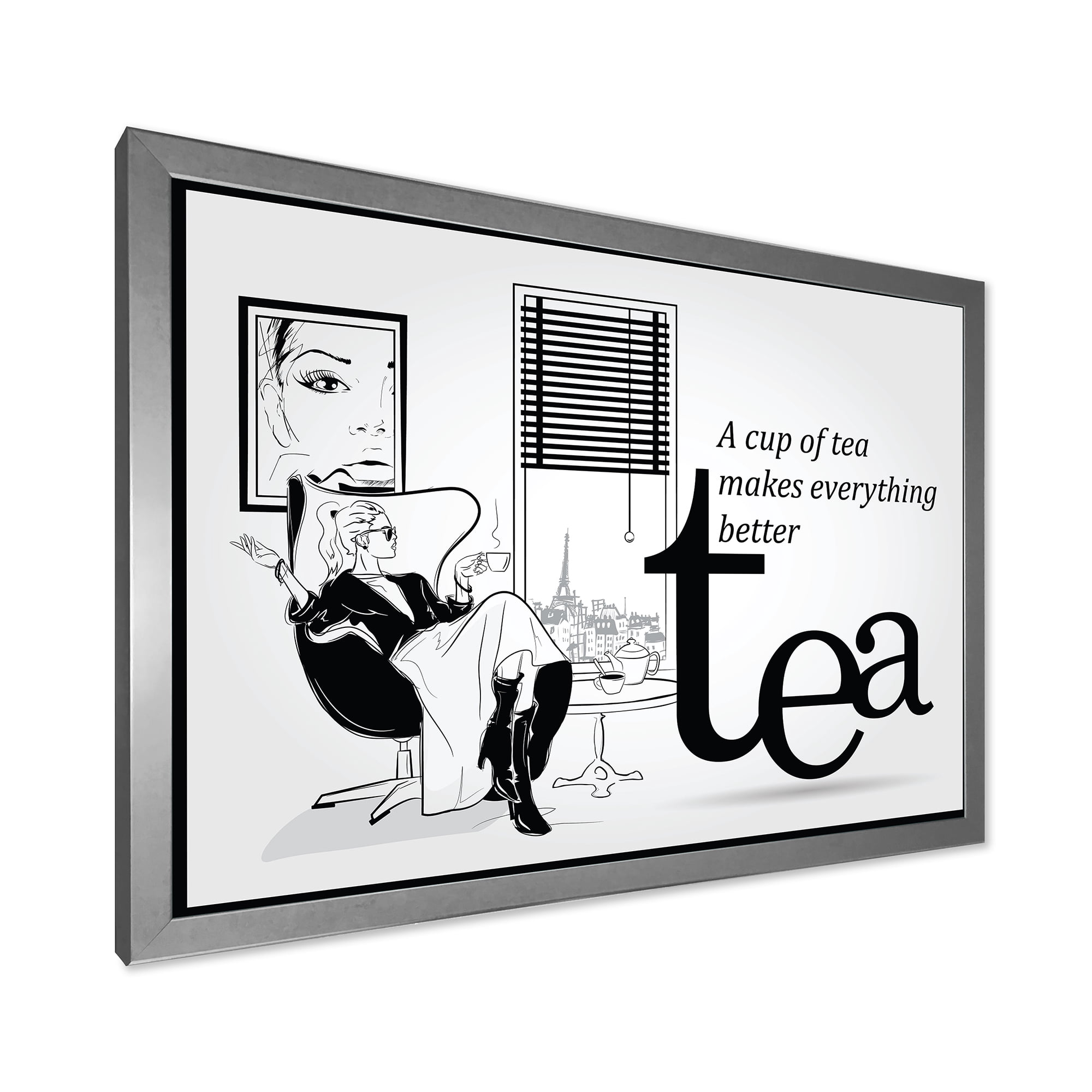Designart 'Ancient Fashion Girl Drinking A Cup Of Tea' Vintage Framed Art Print