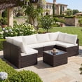 thumbnail image 2 of 7 Pieces Patio Furniture Set, All-Weather Outdoor PE Rattan Sectional Sofa Set with Coffee Table, White & Brown, 2 of 7