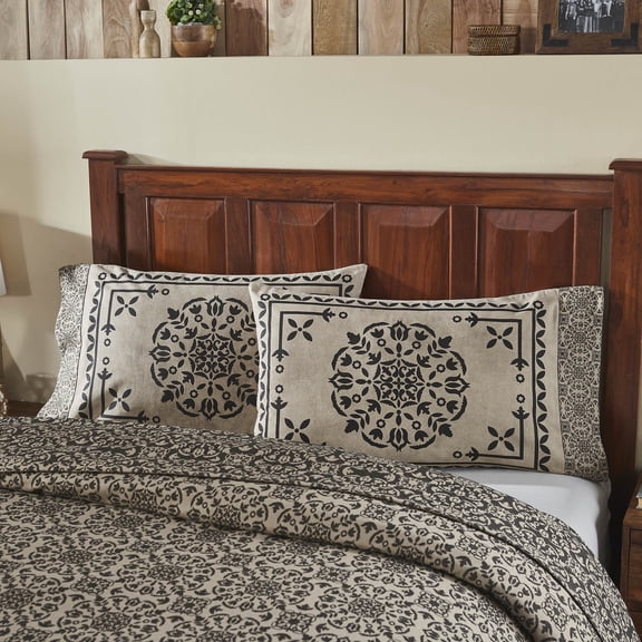 VHC Brands Custom House Black & Tan Jacquard Standard Pillow Case Set of 2 21x30 4, Cotton Pillow Case, Country Covers for Pillows, Custom House Collection, Rectangle 21x34, Natural
