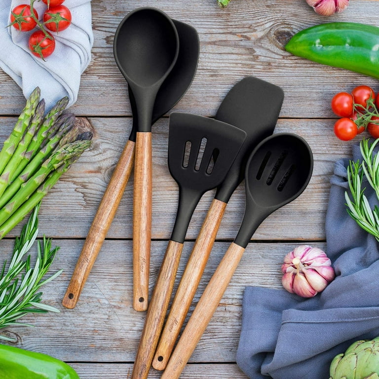 5Pcs Silicone Cooking Utensils Set with Wood Handle, Nonstick and Heat  Resistant Cooking Utensils, Include Spatula/Ladle/Slotted (Black) 