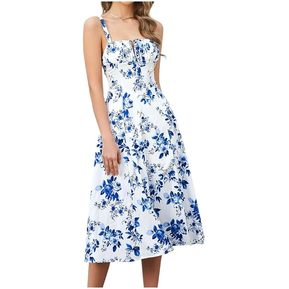 Amzcrzy Dresses for Women Trendy Floral Print Summer Dress Sleeveless Square Neck Straps Midi Dresses for Women Tunic Drawstring Slit Casual Dresses