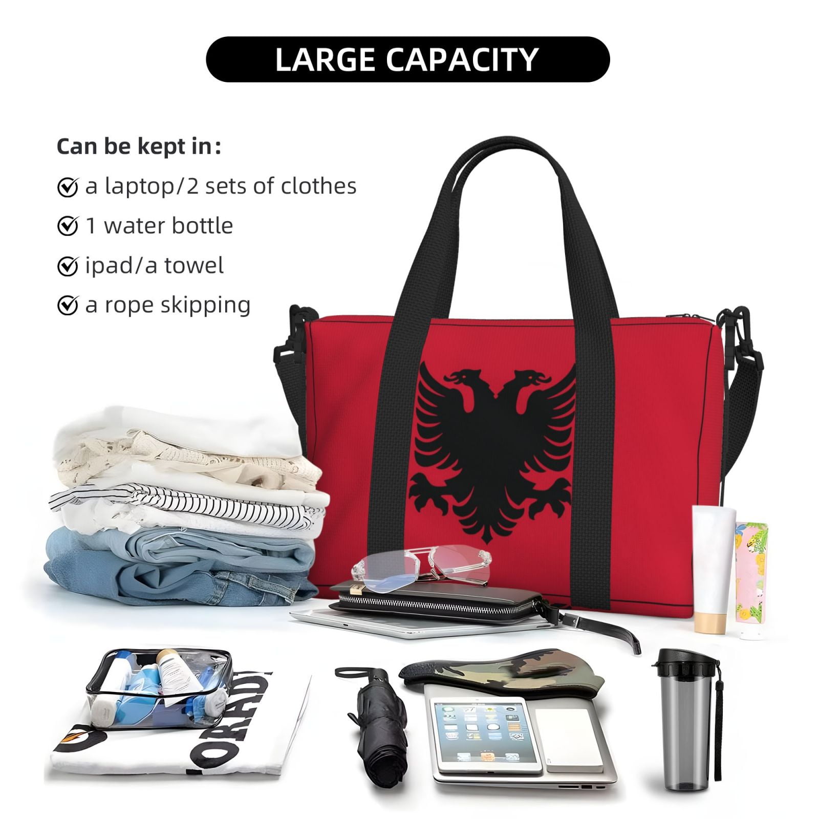 Travel Duffle Bag Albania Flag Weekender Overnight Gym Tote Shoulder Bag Workout Duffel Bag For Women Men