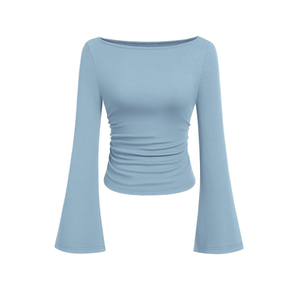 Top corto de manga larga PRETTYGARDEN para mujer en azul claro