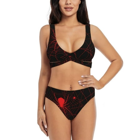 Zeuib Red Spider On The Web High Waisted Tummy Control Bikini Set - Knot Front Push Up Top & Cheeky Thong Bottom  Two-Piece Swimsuit for Women-Small