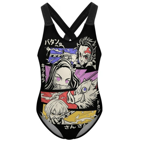Demon Slayer Swimwear Kids' One-Piece Swimsuit Quick-Dry Cute Printed Girls' Swimwear Bathing Suit for Beach & Pool 6-7Y(110cm)