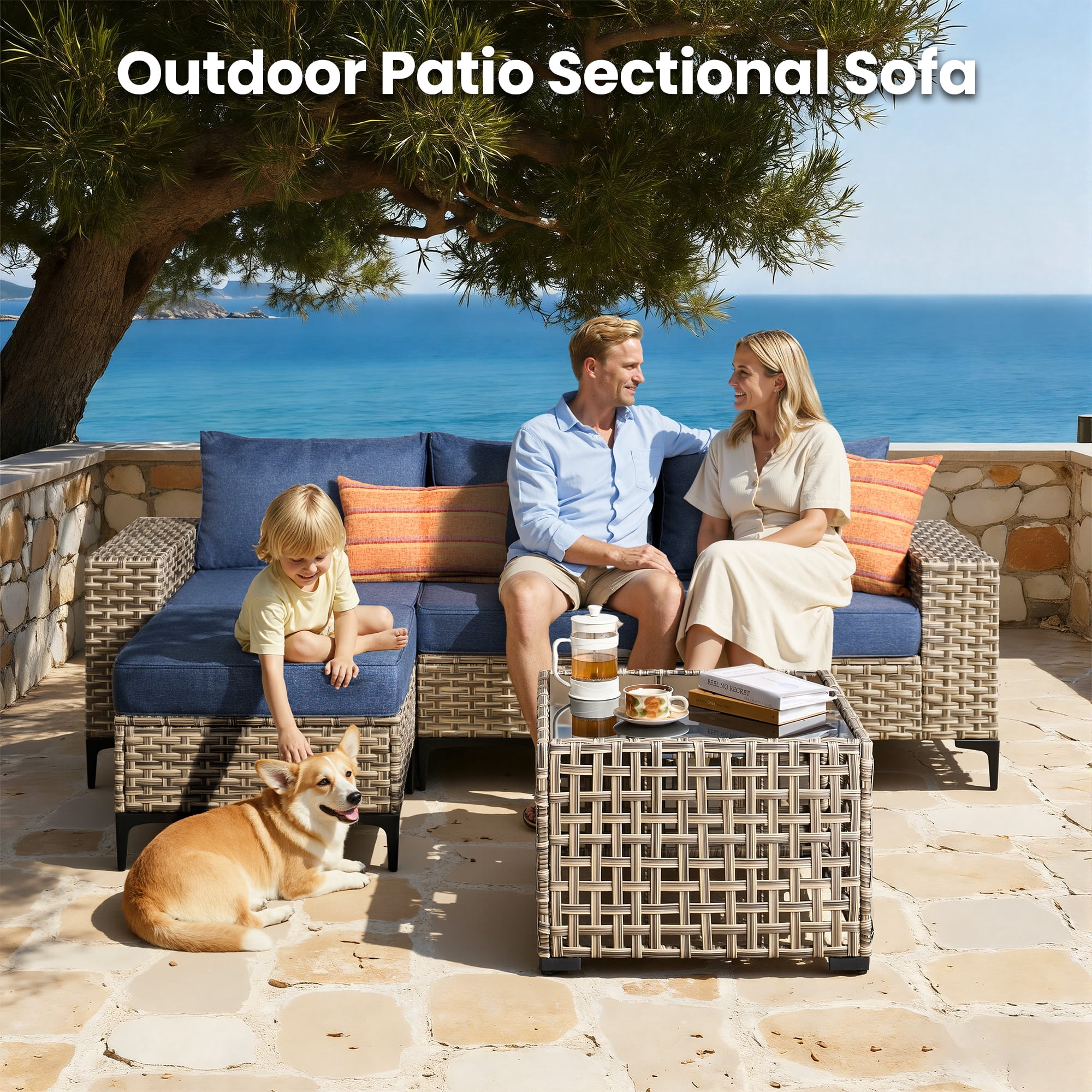 Vcatnet Patio Outdoor Conversation Set 8 Pieces Wicker Furniture Set Sectional Sofa with Swivel Chairs, Denim Blue