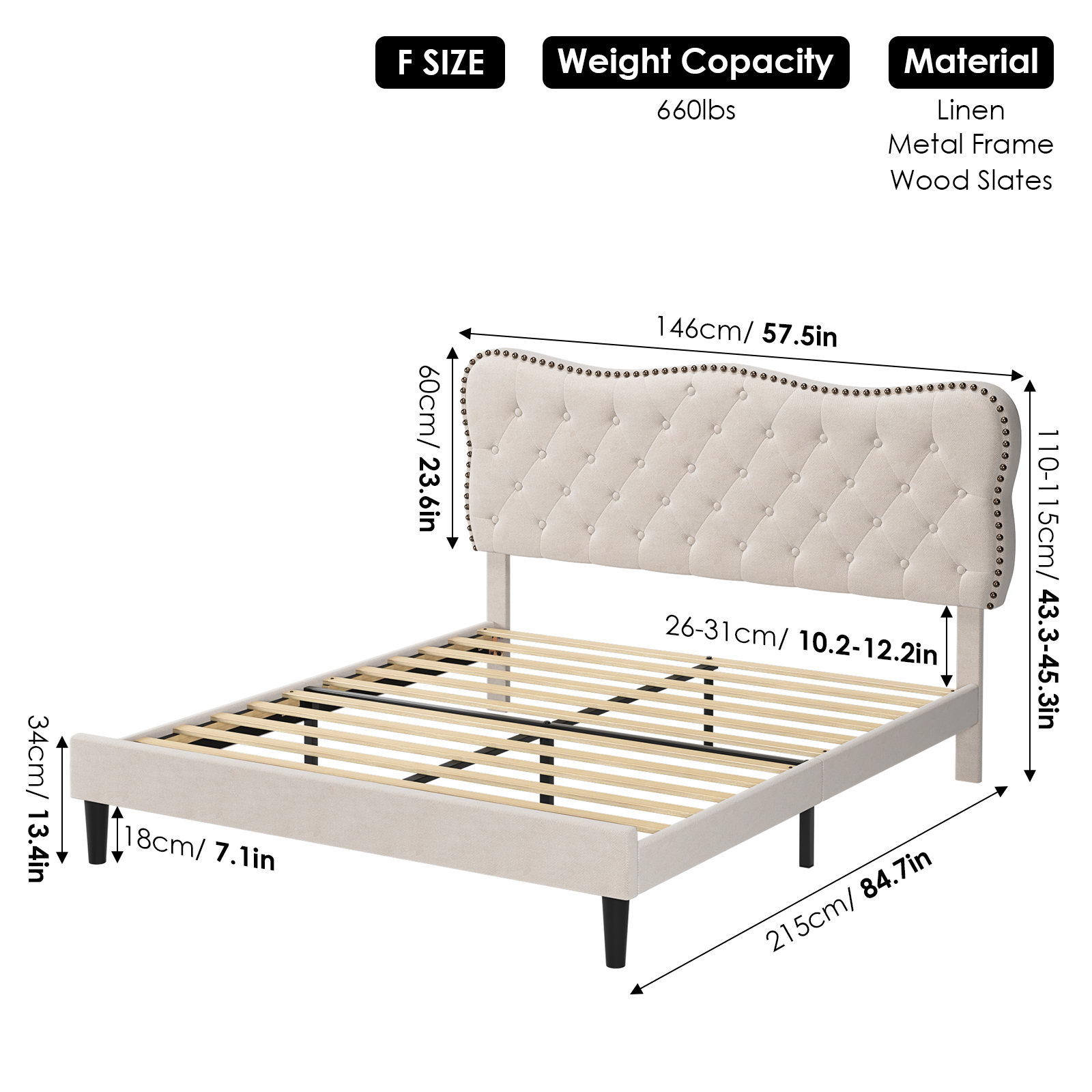 Homfa Full Size Bed Frame, Linen Upholstered Platform Bed with Button ...