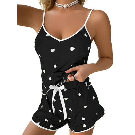 

FASHIONWT Women Sweet 2 Piece PJ Set Heart Graphic Camisole Top Shorts Pajama Set
