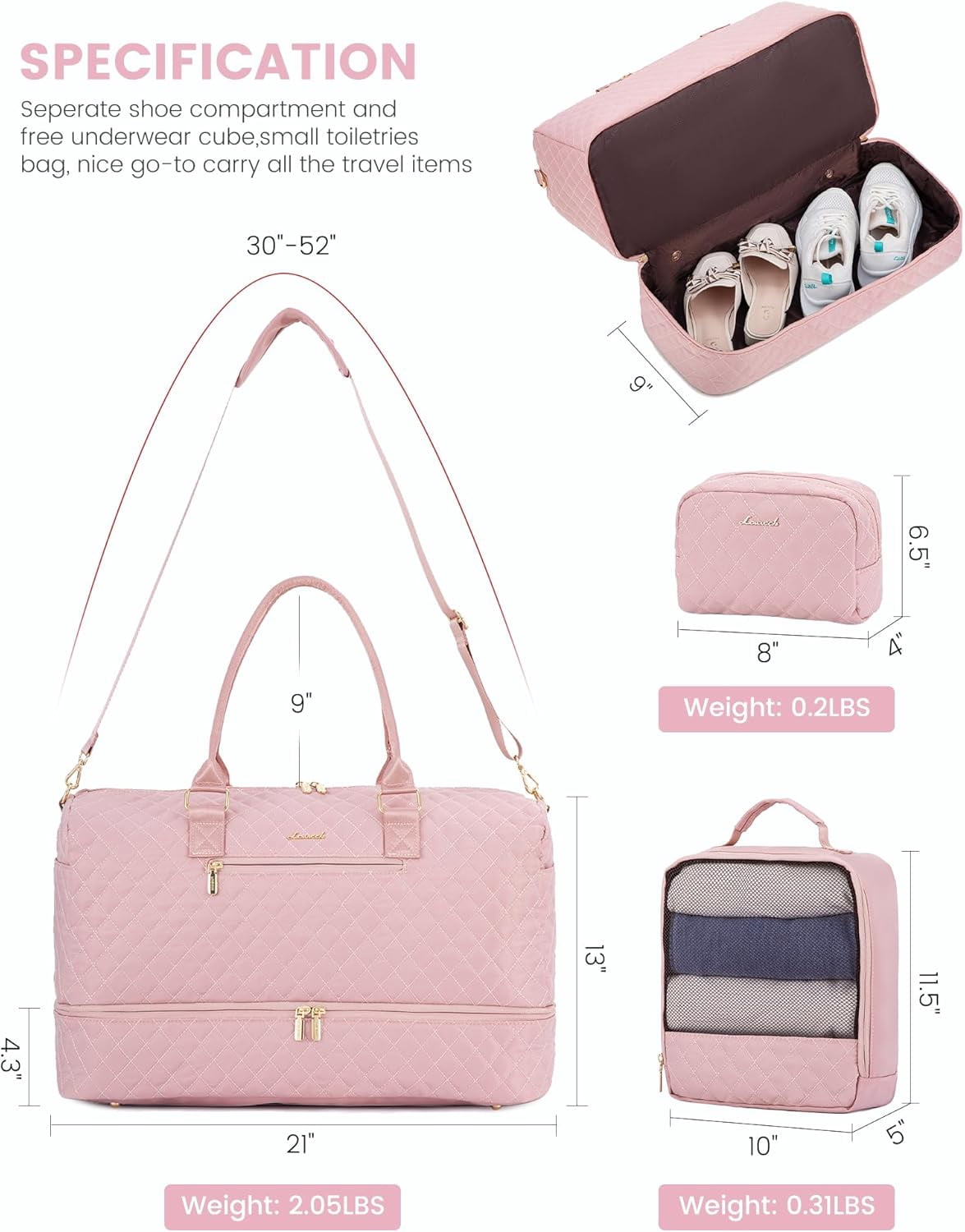 LOVEVOOK Travel Duffle Bag for Women, Weekender Overnight Bag with Shoe Compartment, Carry on Bag with Toiletry Bag, Gym Duffel Bag with Wet Pocket, Hospital Bags for Labor and Delivery 3 Pcs Set