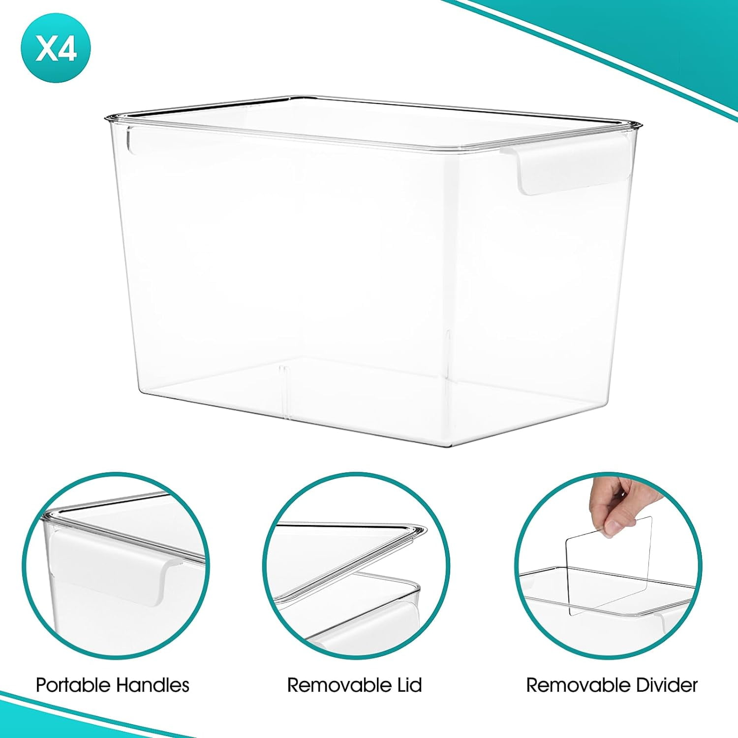 Stackable Clear Storage Bins with Lids, Large Plastic Storage Bins w Handle, Acrylic Pantry Organization and Storage for Kitchen, Fridge, Cabinet, Refrigerator, Bathroom Organizer