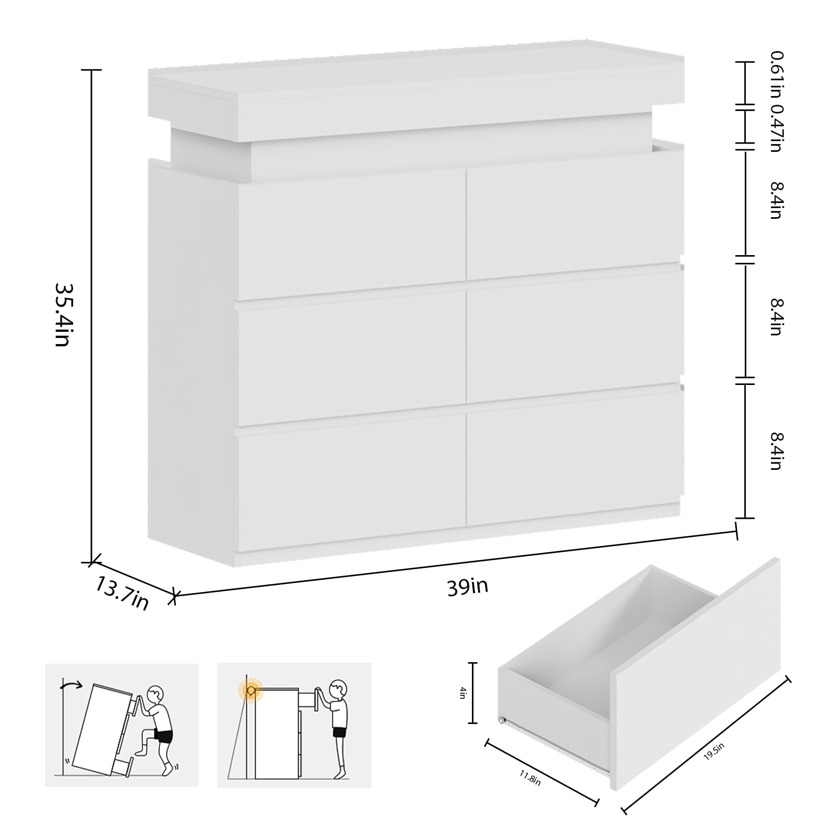 LLappuil 6 Drawer Dresser for Bedroom, Chest of Drawers with LED Light, TV Stand with Drawers White