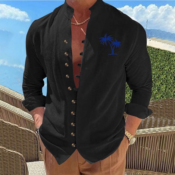 BRGZLK Men's Cotton Linen Shirts Summer Trendy Casual Fashion Print Multi-Button Mandarin Collar Frog-Button Closure Long Sleeve Roll-Up Sleeve Shirt Top Black L